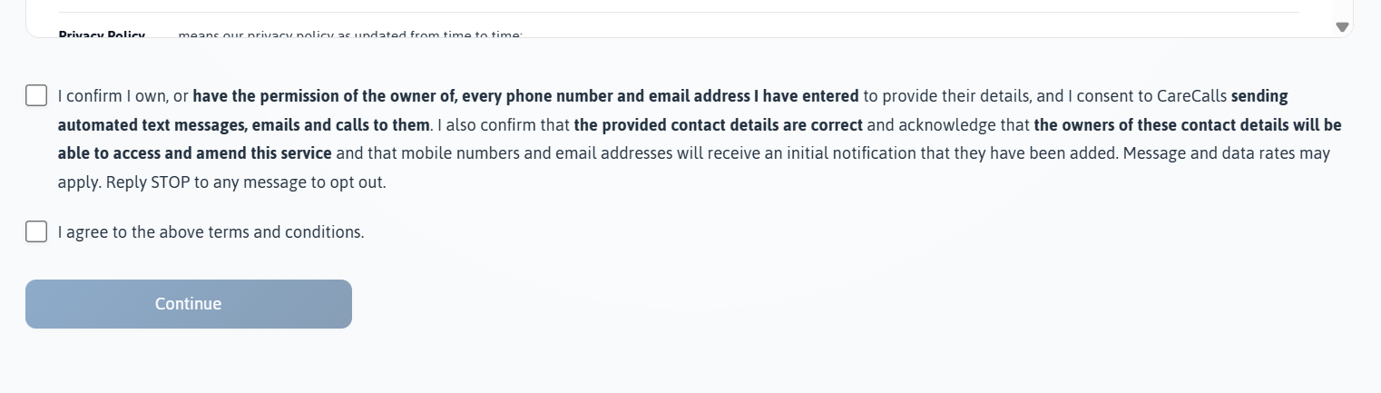 Unchecked contact consent and terms and conditions checkboxes on the CareCalls terms and conditions step